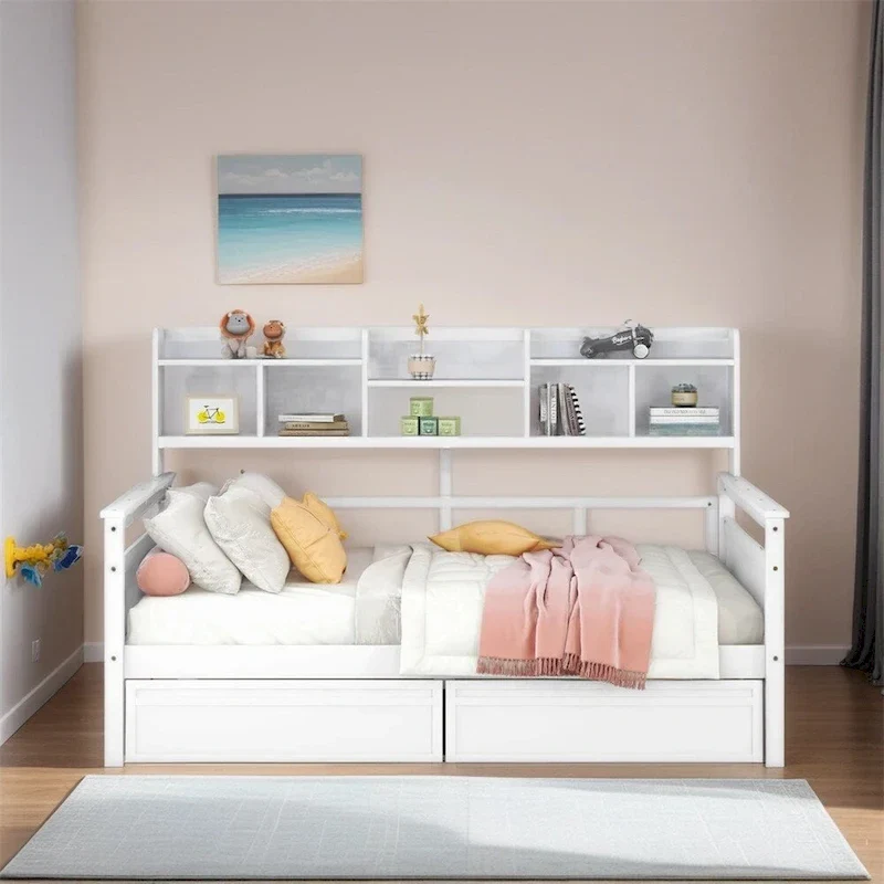Full Size Wood Daybed with 2 Drawers & Shelf – White / Espresso / Gray, Seats or Sleeps 1