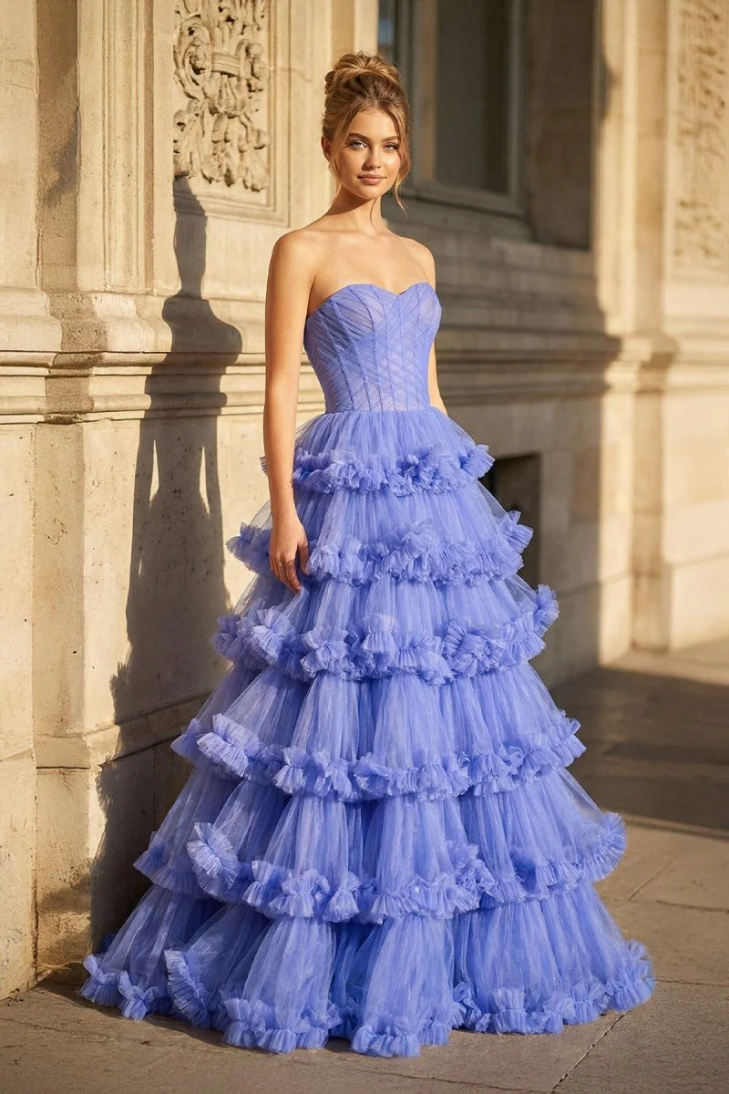 Navy Blue Strapless A Line Tulle Ruffled Long Prom Dresses With Slit