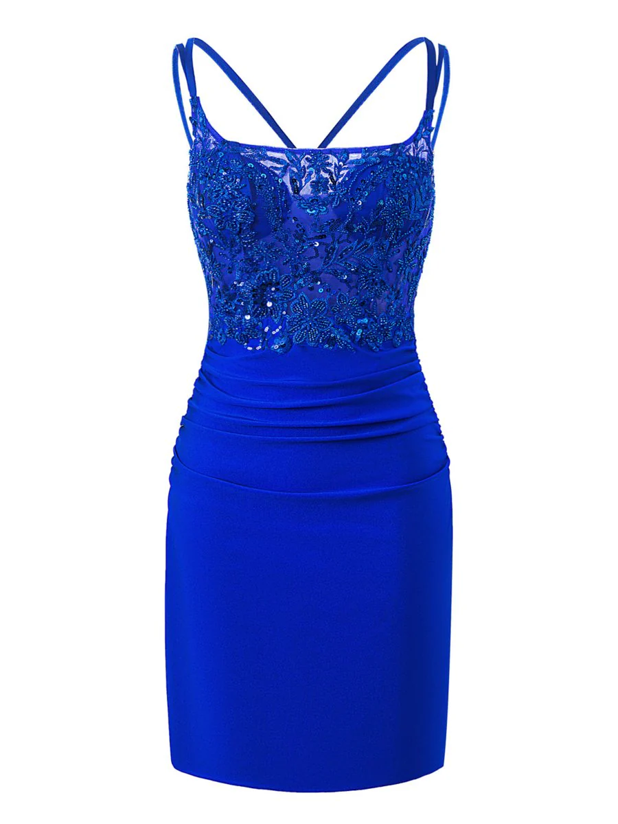 Royal Blue Sheath Short Spaghetti Strap Jersey Homecoming Dress