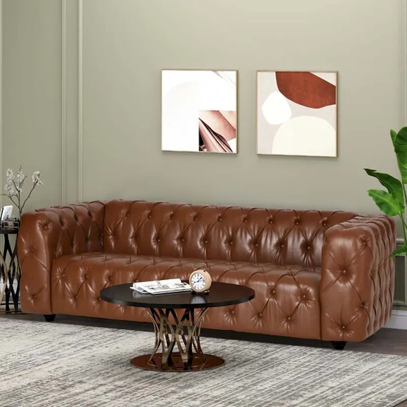 Faux Leather Button Tufted 3-seater Sofa with Wood Legs
