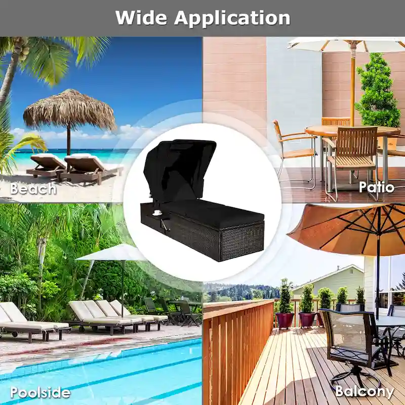 Gymax Rattan Patio Chaise Lounge Chair W/ Adjustable Canopy Black