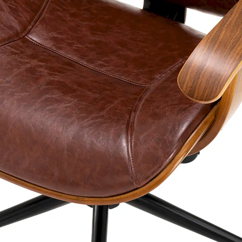 PU Leather Swivel Office Chair with Bamboo Armrests – Cocoa / Brown / Black, Mid-Back, Single User