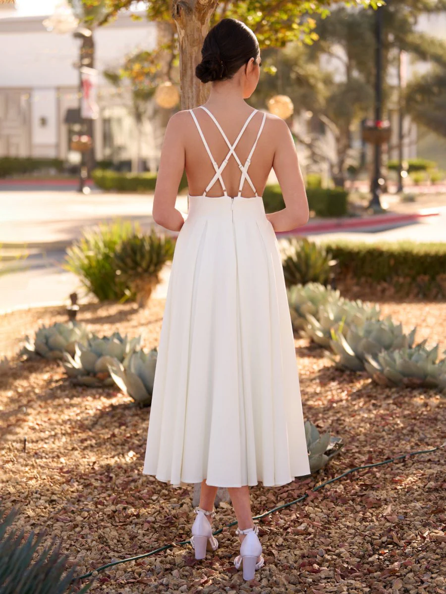 A-Line V-Neck Sleeveless Satin Knee-Length Wedding Dress