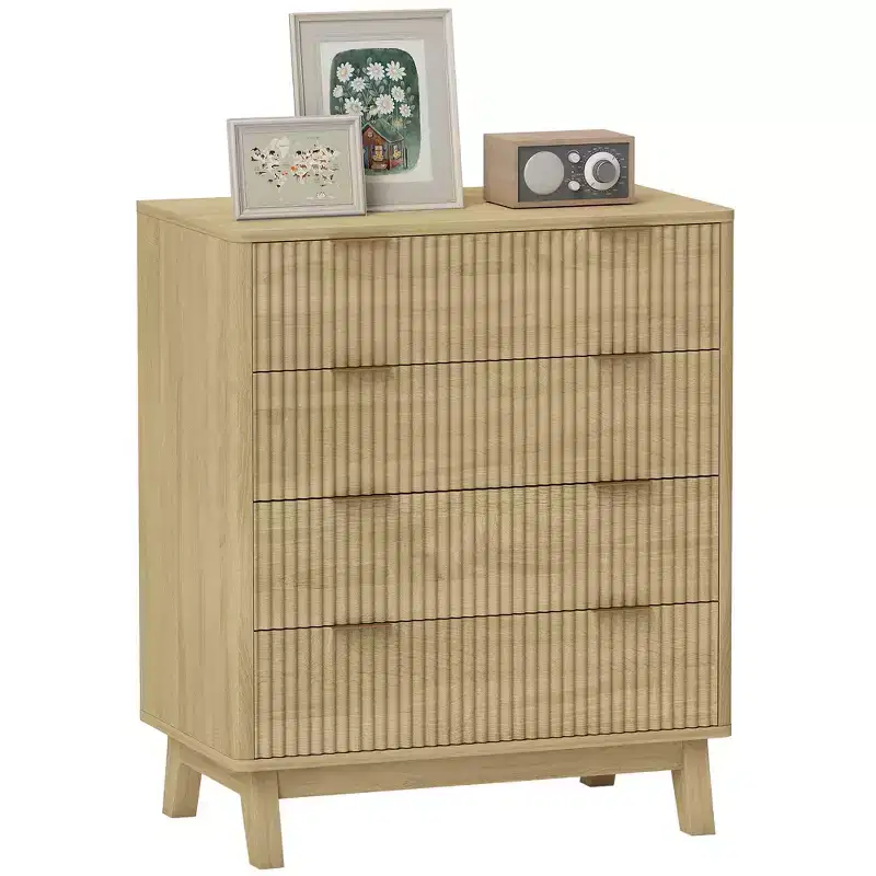 HOMCOM Fluted Dresser for Bedroom with 4 Drawers, Chest of Drawers with Gold Finger Pulls and 4 Wood Legs
