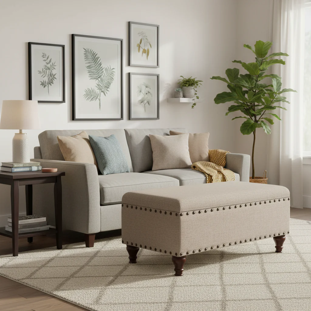 Storage Bench - Tan Linen - Tufted with Nailhead Trim