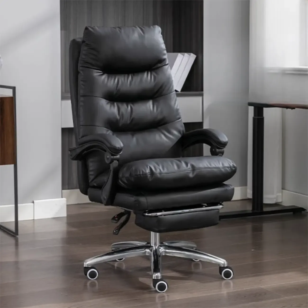 Ergonomic Black Leather Adjustable Office Chair with Wheels
