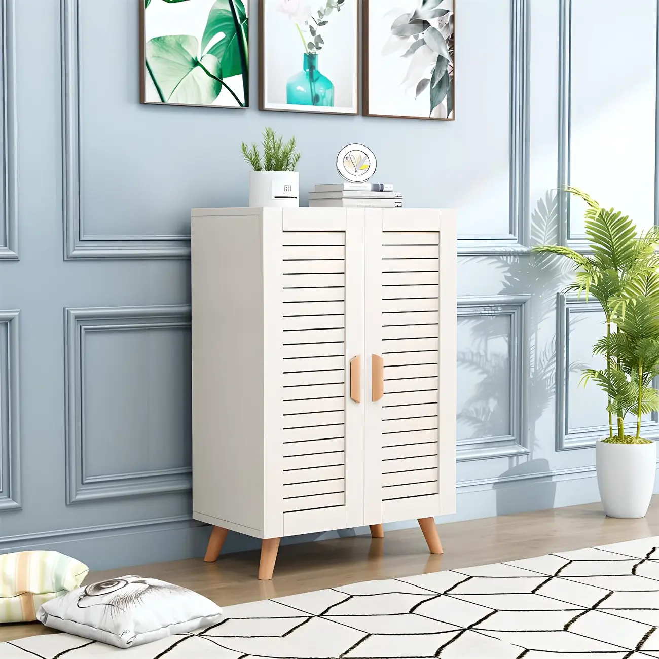 White Louvered Solid Wood Shoe Cabinet for Entryway