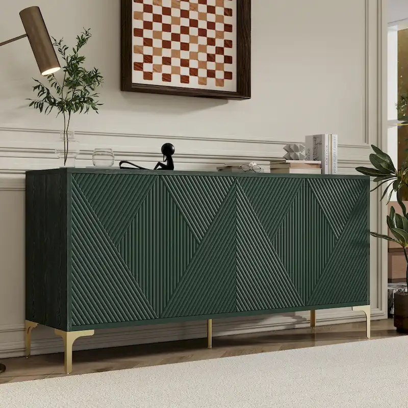 Olive Green / White 4-Door Sideboard Buffet Cabinet with Carved Panels