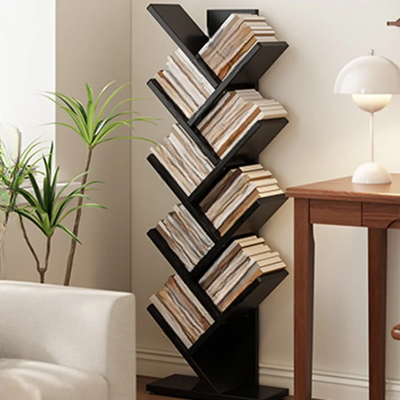Black Wood Tree-Shaped Vertical Display Bookcase