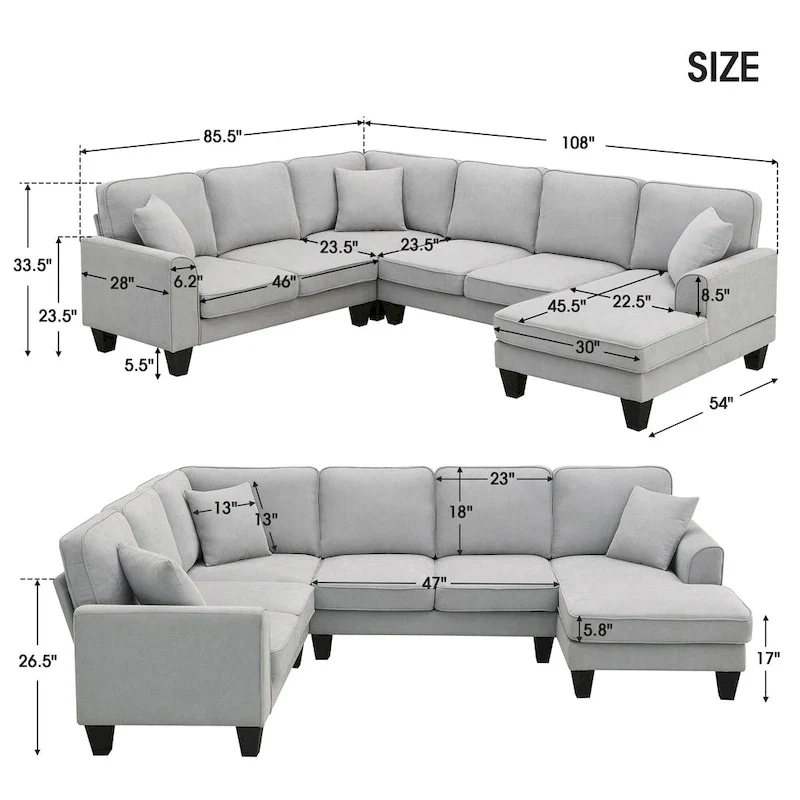 Modern U-Shaped 7-Seater Fabric Sectional Sofa Set with 3 Pillows, 108