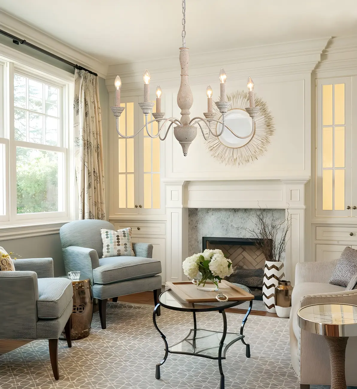 6-Light Classic Wooden Candelabra Chandelier with Chain Mount