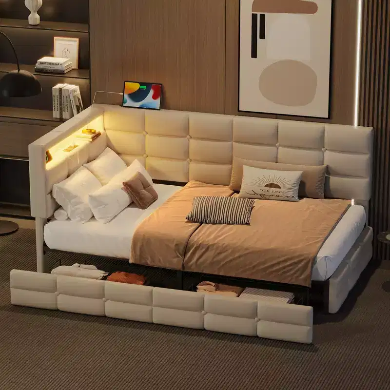 FAMYYT Twin Size Upholstered Daybed With 2 Drawers, Charging Station, LED Lights and Storage Headboard, Easy Assembly