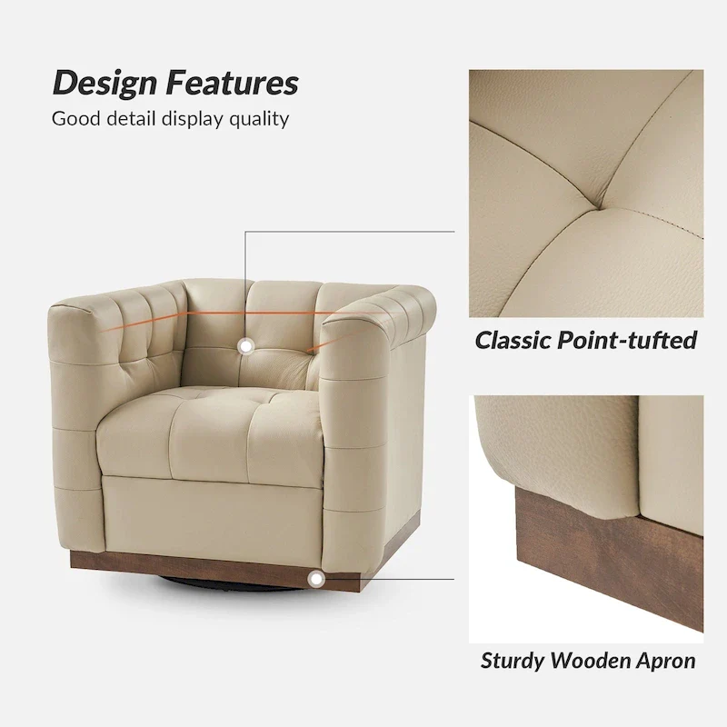 JeremiasMid-certury Modern GenuineLeatherTufted SwivelClubChair with Wooden Apron by HULALA HOME