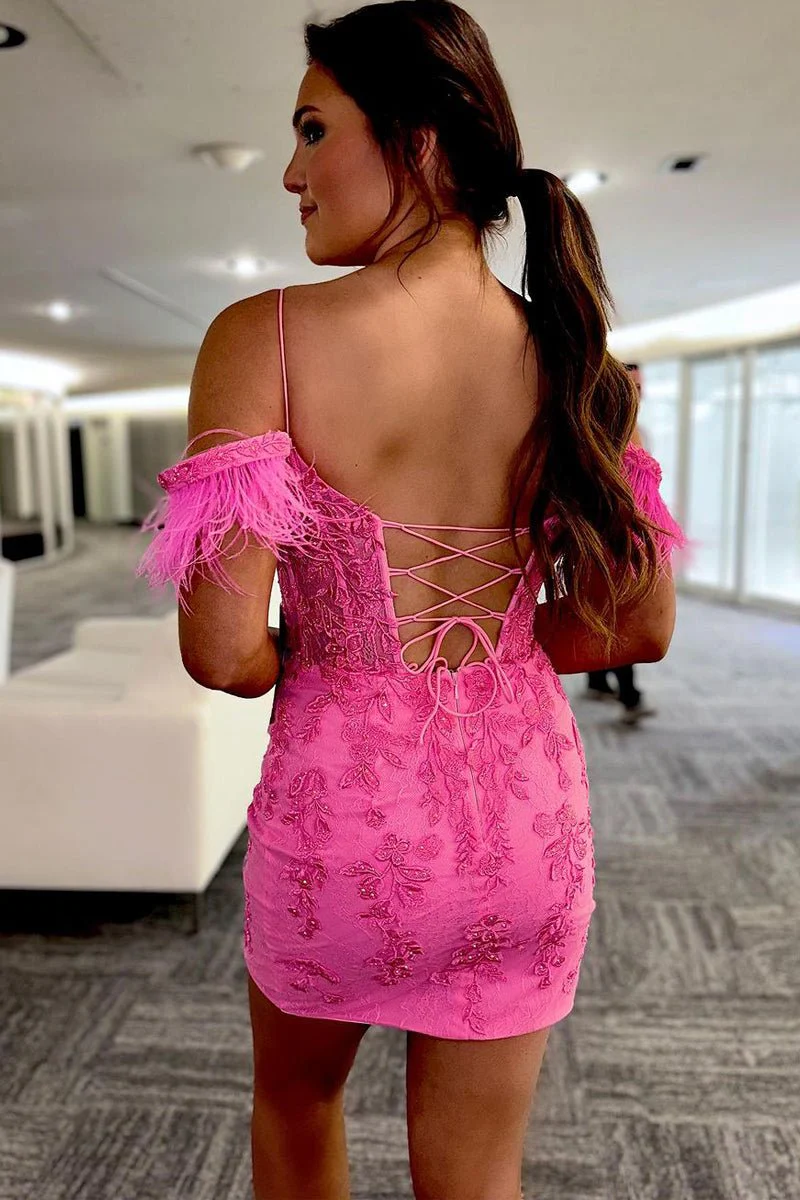 Sheath Off the Shoulder Pink Lace Homecoming Dress
