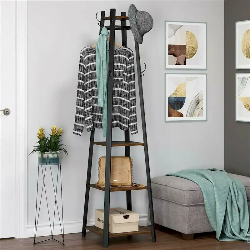 Black & Dark Brown 2-Person Free Standing Hall Tree, 8 Hooks & 4 Shelves