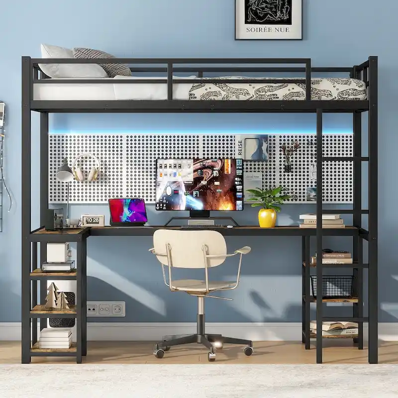 Black Twin XL Metal Loft Bed with Desk, Shelves, Ladder & Guardrails