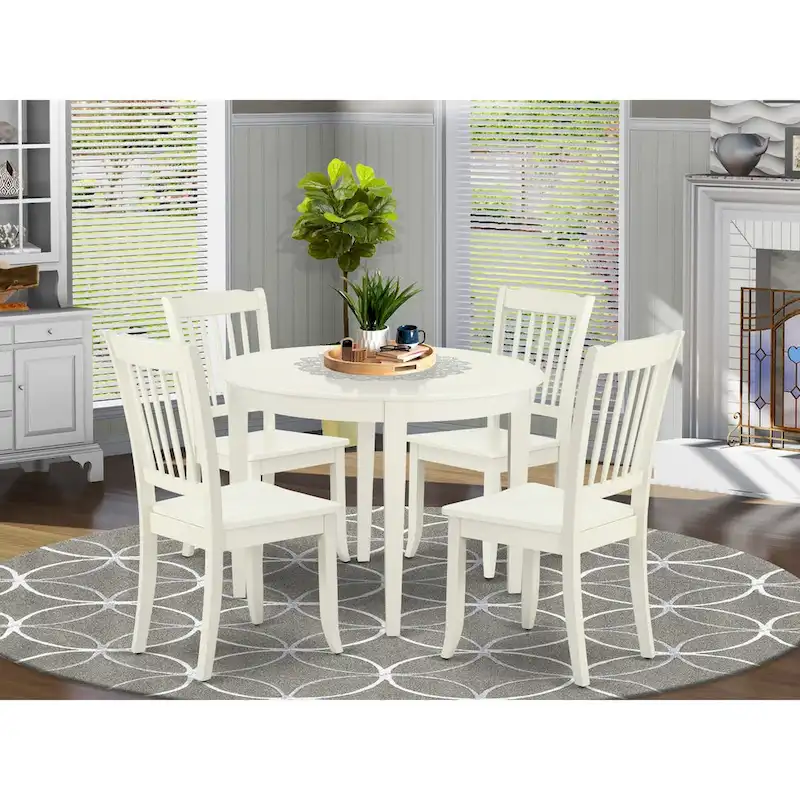 Round Dining Table Set, Linen White, Rubber Wood – 3 or 5 Piece