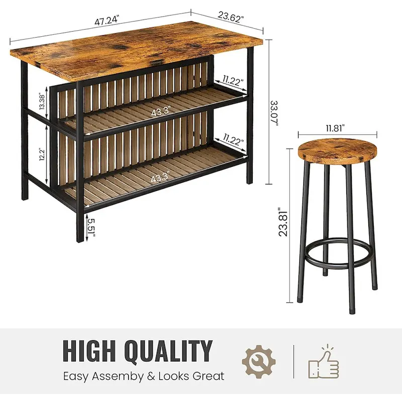 Mieres Kitchen Island with 2 Stools and Open Shelves