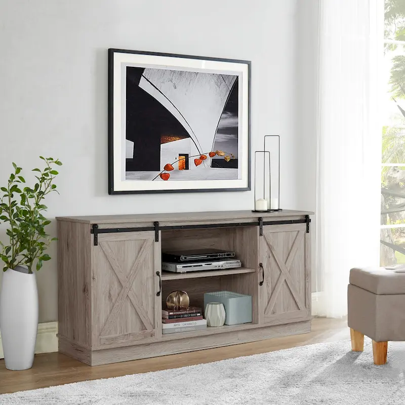 Farmhouse Rustic Wooden 60 TV Stand with Storage Console Cabinet, Sliding Barn Doors Entertainment Center