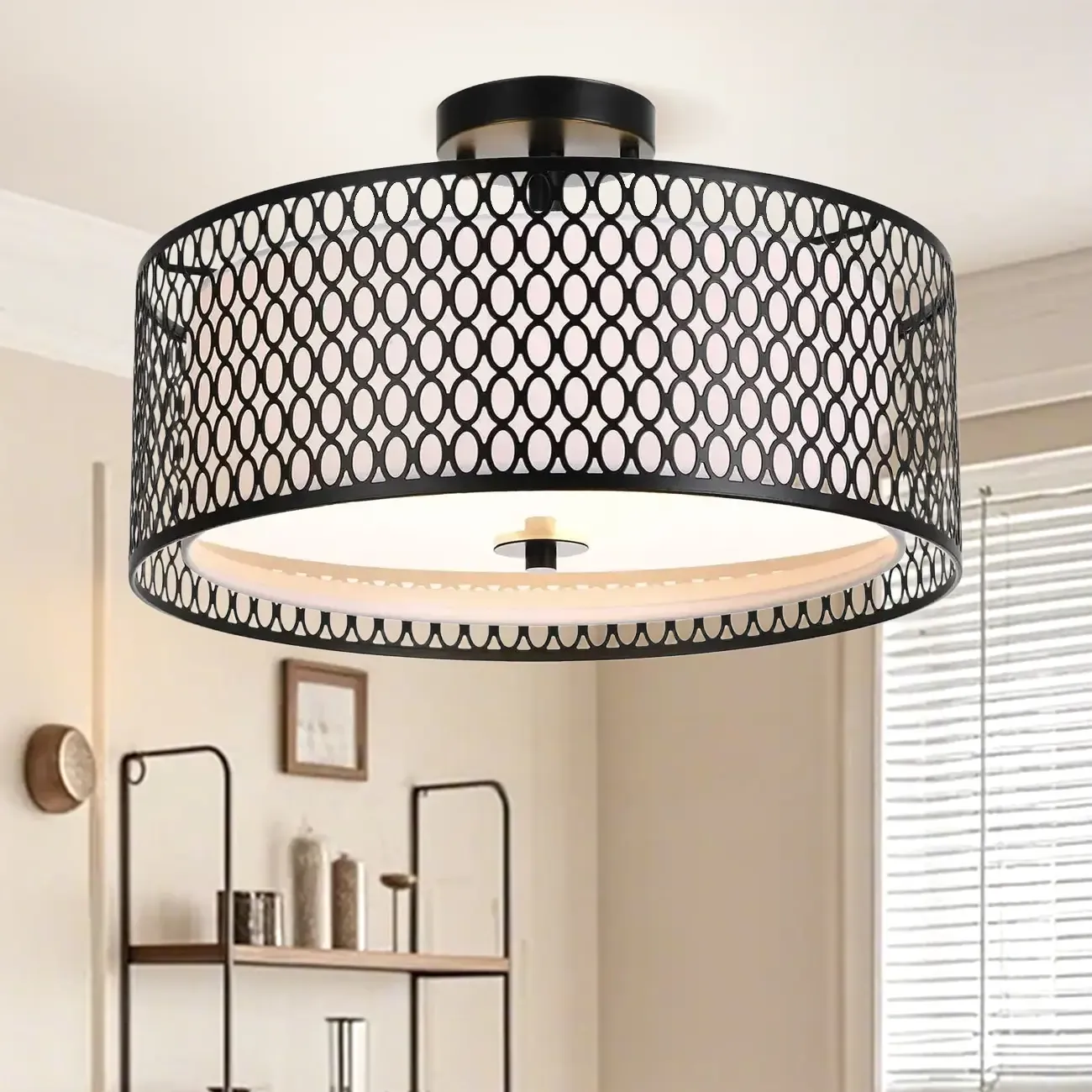 Modern Black Metal Hollow Cylinder Semi Flush Ceiling Light