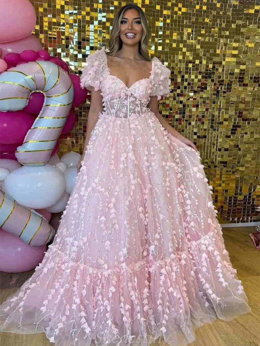 Princess Pink Sweetheart Puffy Sleeeves Prom Dress with 3D Flower