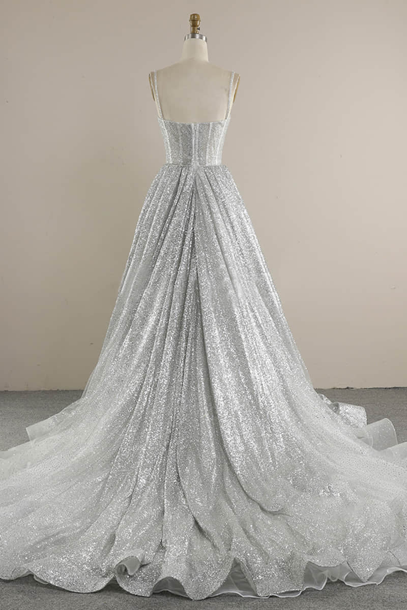 Spaghetti Straps Sequins A-line Sparkly Wedding Dress Bridal Gown