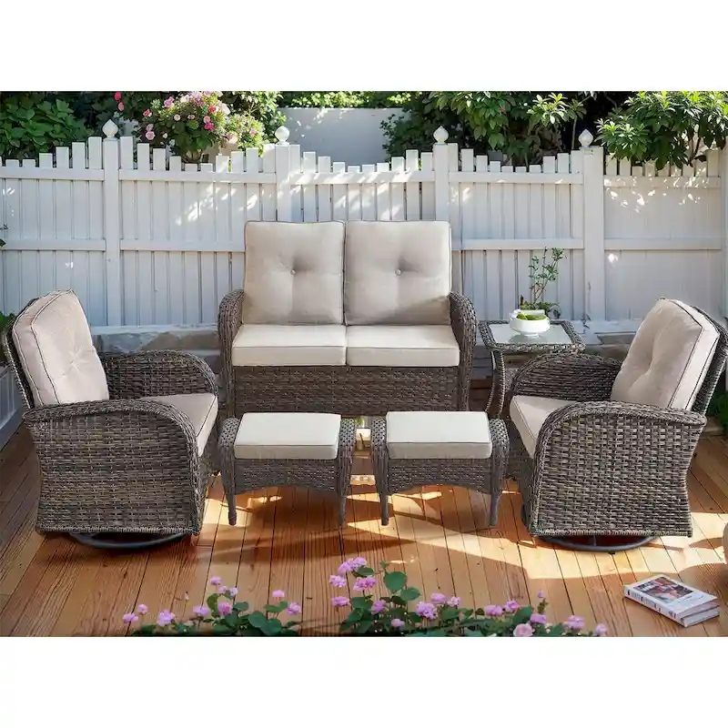 Patio Glider Rocking Sofa with Swivel Chair and Ottoman - Brown