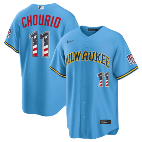 Milwaukee Brewers Jackson Chourio Light Blue USA 250 Fourth of July Road Stadium Jersey