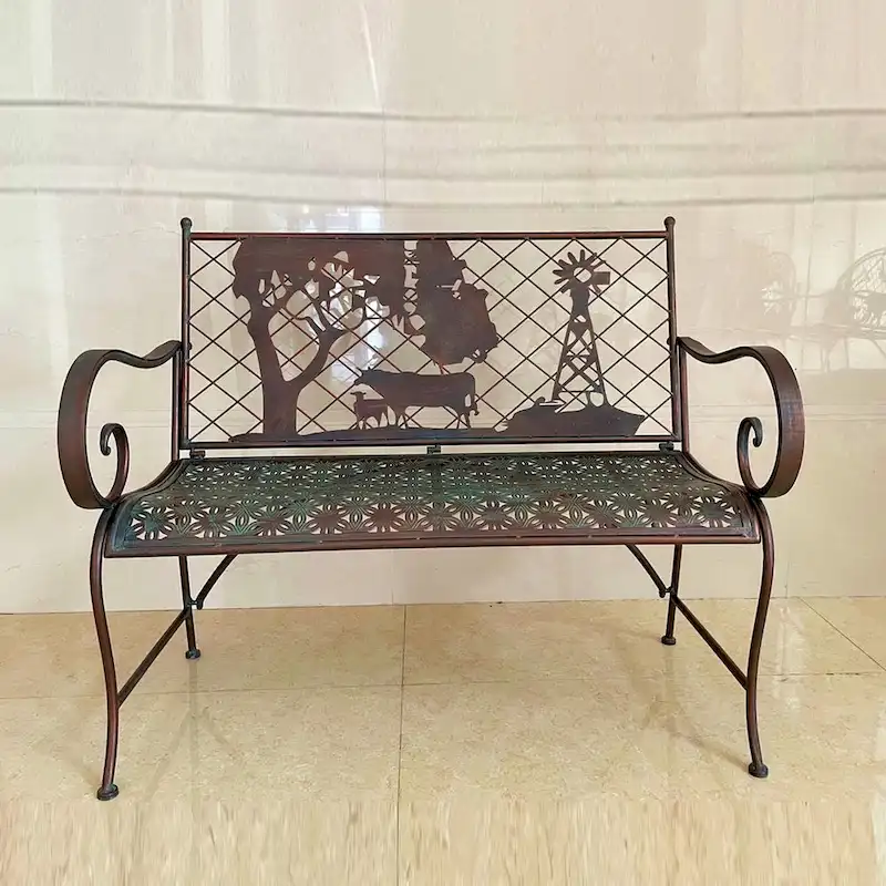 Rectangular Outdoor Bench with Cow & Windmill Silhouette  Strasburg  - 43.7  L x 20.47  W x 37.01  H