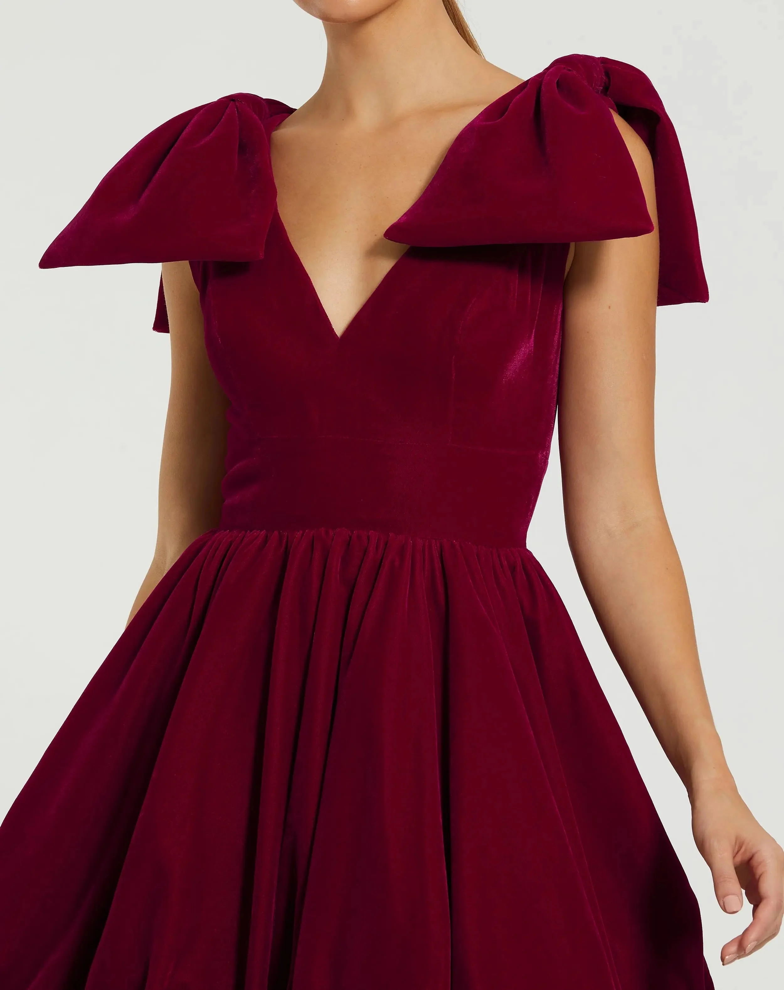 Red Shoulder Bow Velvet Bubble Mini Dress