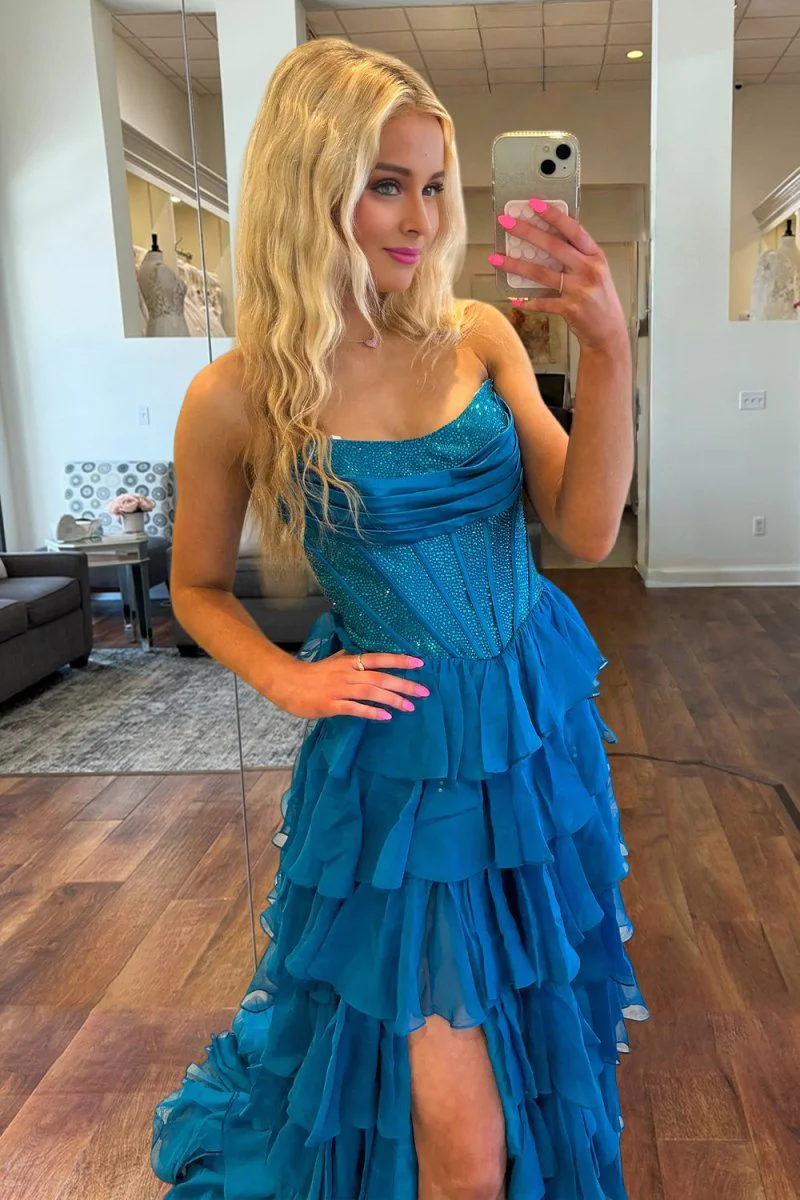 Peacock - A Line Strapless Chiffon Beaded Corset Long Prom Dress With Slit