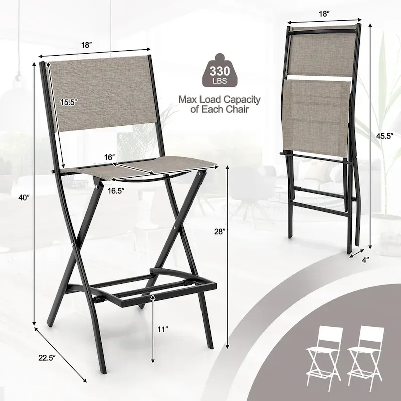Folding Bar Stools Set of 2 Patio Sling Chairs w/ Backrest