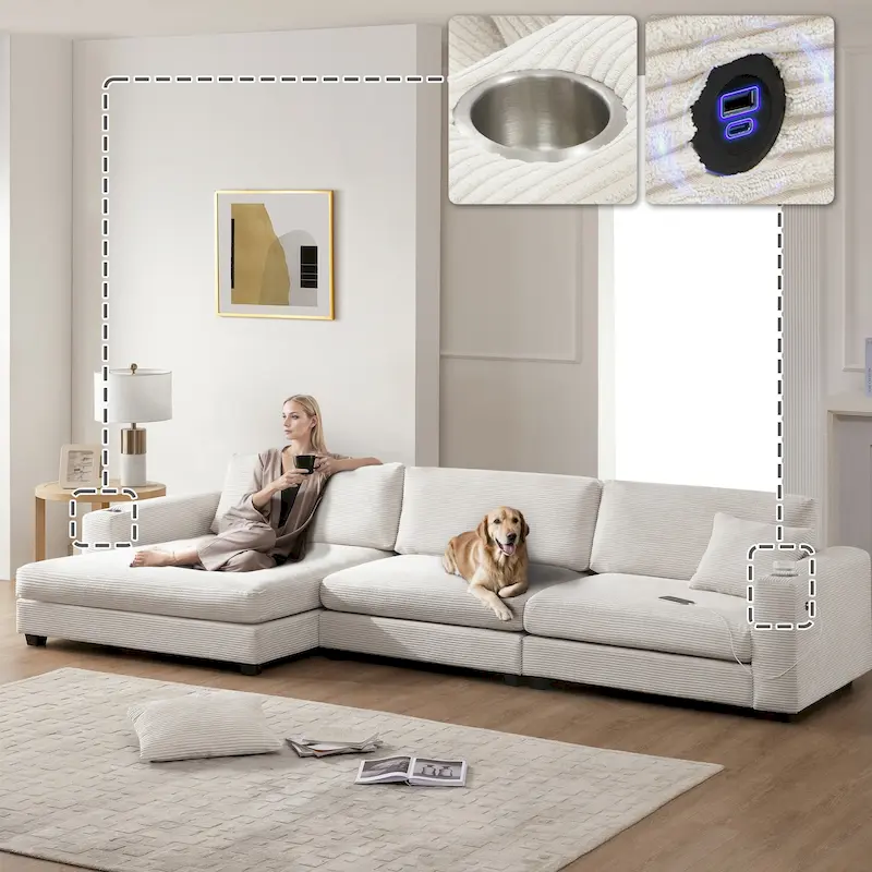 Lalo Modern Corduroy Oversized Sectional Sofa by GDFStudio