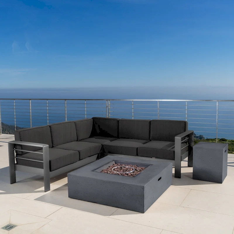 Cape Coral Aluminum Outdoor Sectional Sofa Set with Fire Table by Christopher Knight Home