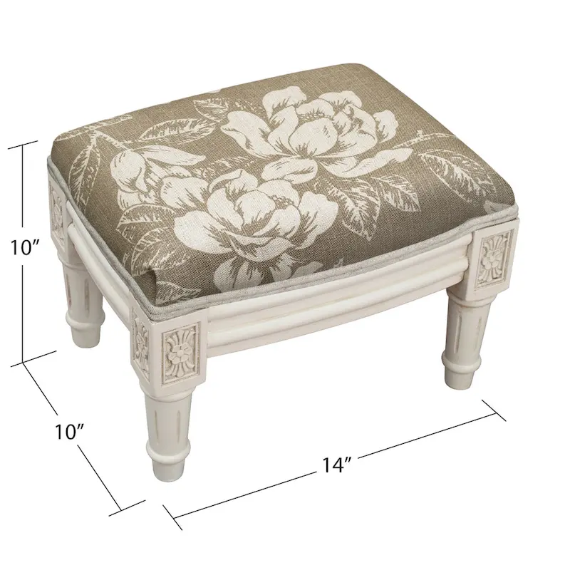 Taupe Floral Footstool, Linen & Wood, 1-Person