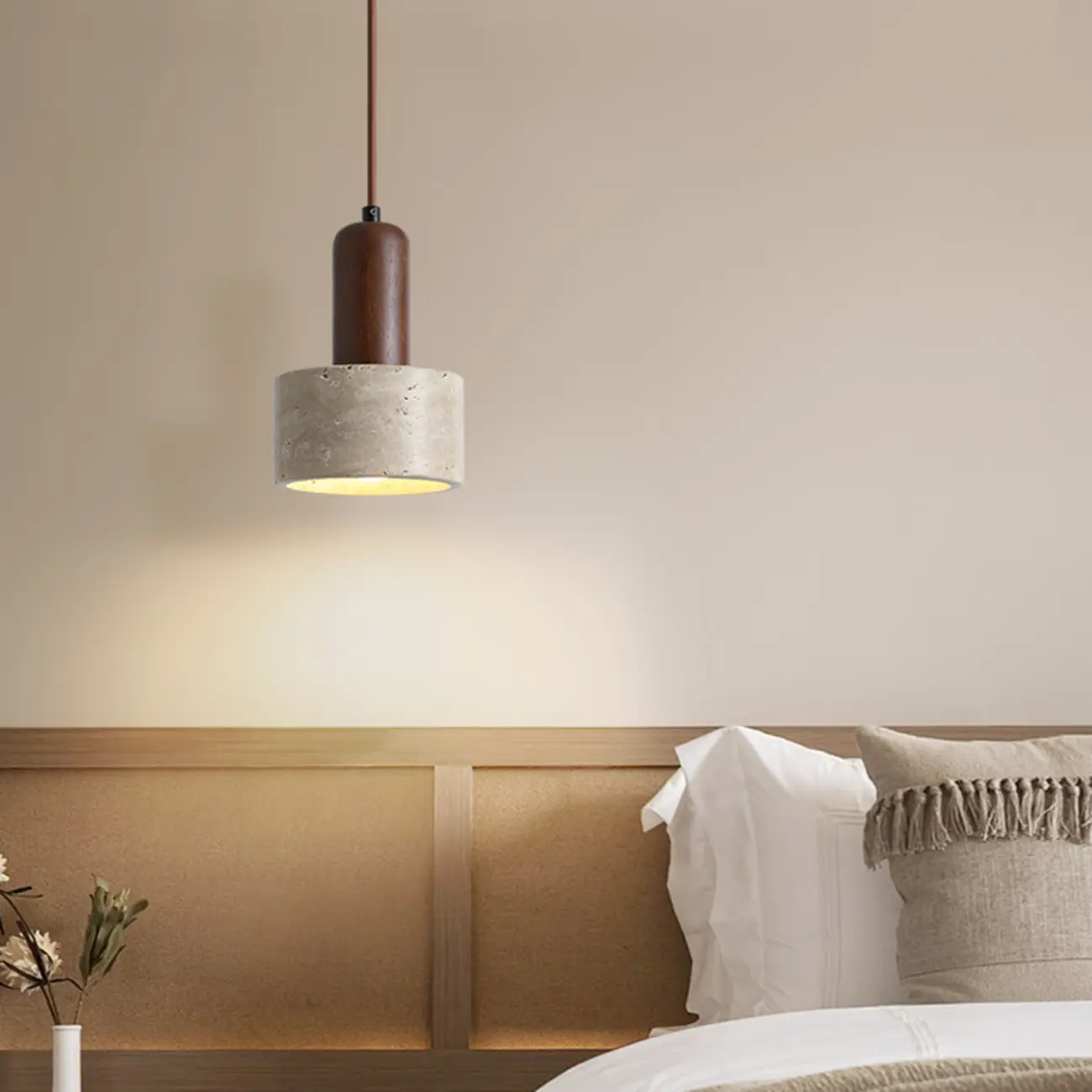 Cylinder Wood Stone Rope Bedside Pendant Light