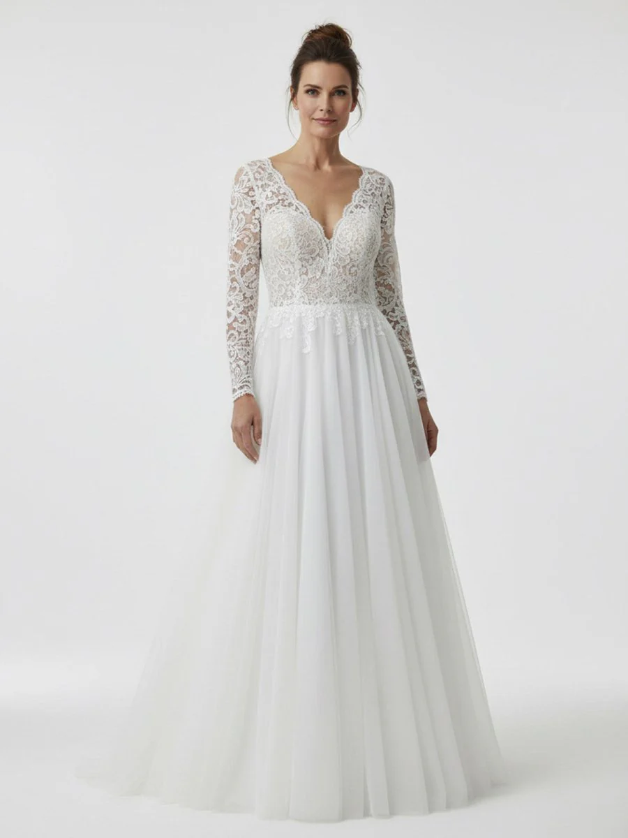Bohemian Long Sleeves Lace Button Back A Line Modest Wedding Dresses