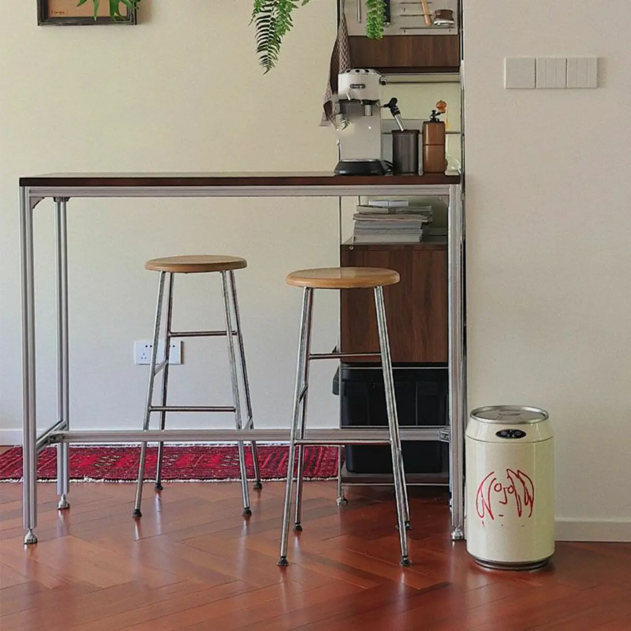 Modern Brown Wood Silver Metal Trestle Bar Tables