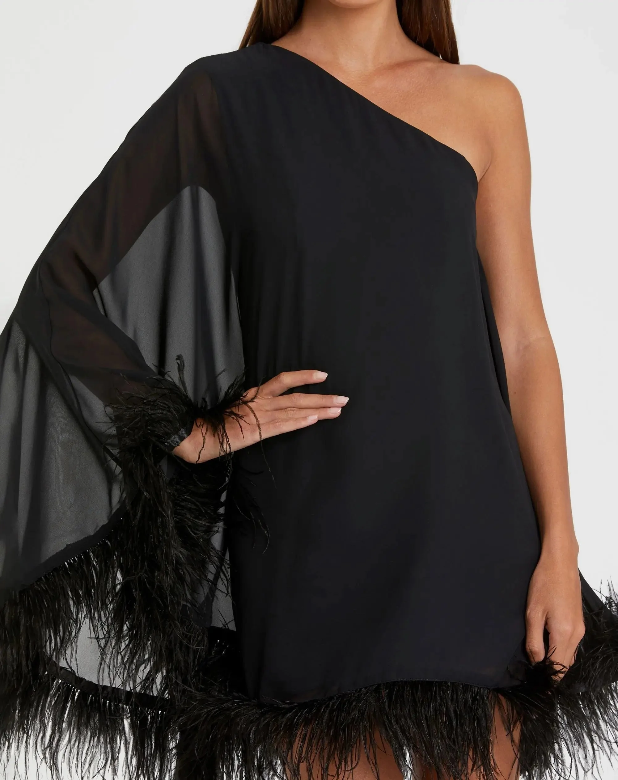 Black One Shoulder Trapeze Dress with Feather Trim