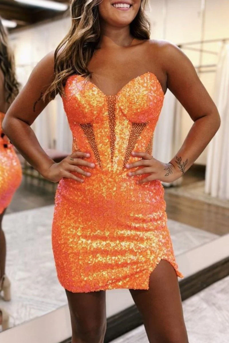 Orange Sparkly Strapless Bodycon Sequin Mini Party Dresses with Slit