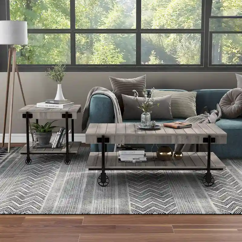 Black Farmhouse Steel 2-Piece Coffee Table Set with Wheels