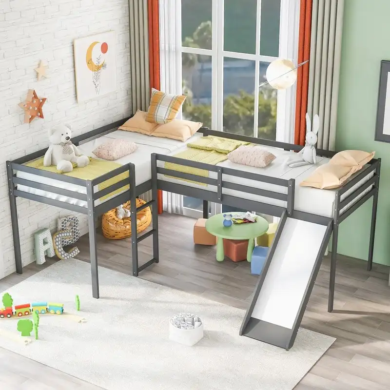 Gray/White Twin L-Shaped Loft Bed with Slide & Ladder, 2-Bed