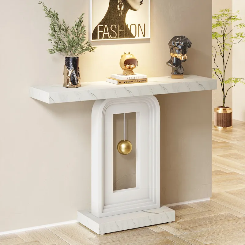 Narrow Console Table - White Faux Marble, Minimalist Design, Multi-User
