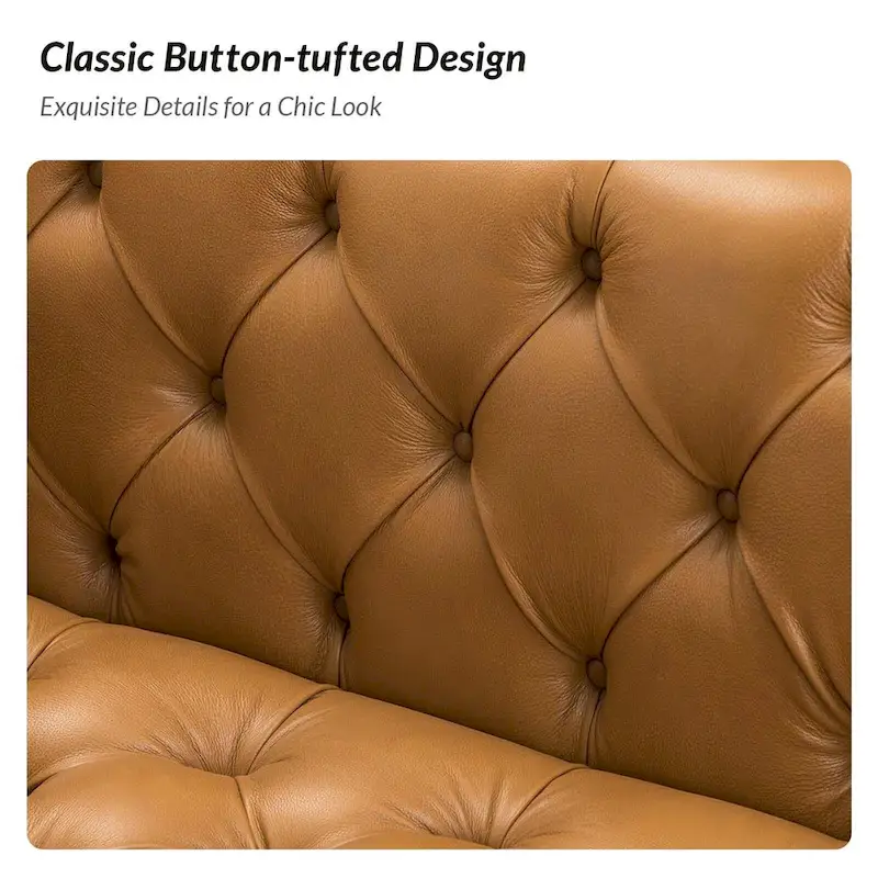 Transitional Genuine Leather Sofa with Metal Legs and Tufted Back