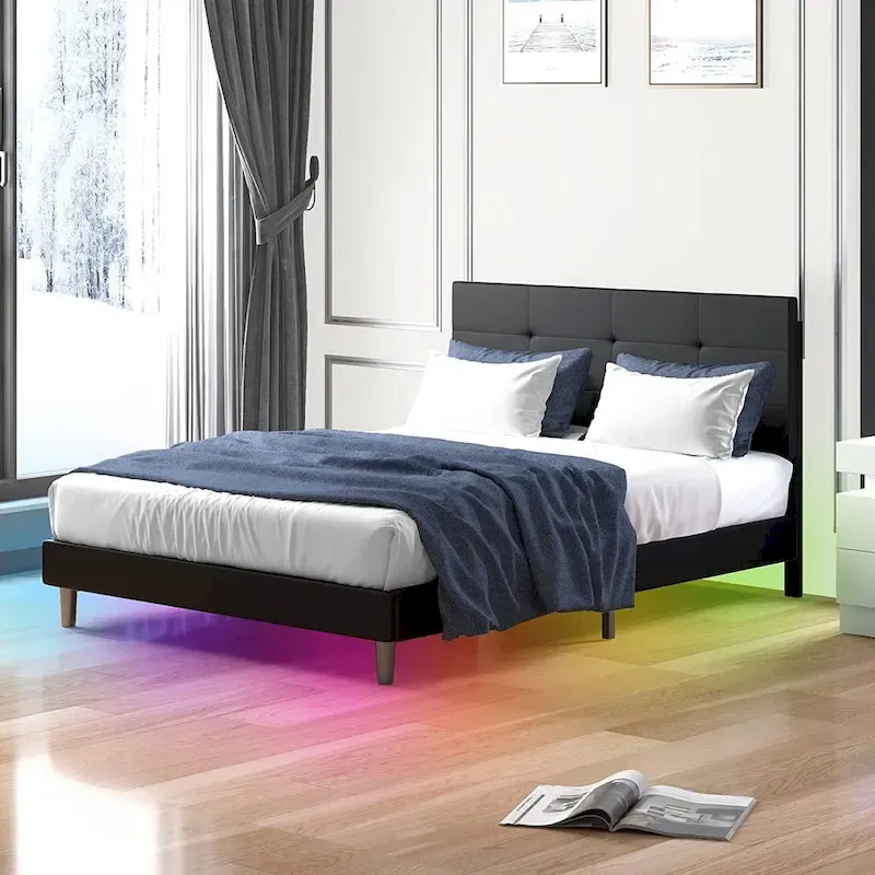 Platform Bed Frame with Smart RGB LED Lights, Button Tufted Headboard, PVC Upholstery, No Box Spring