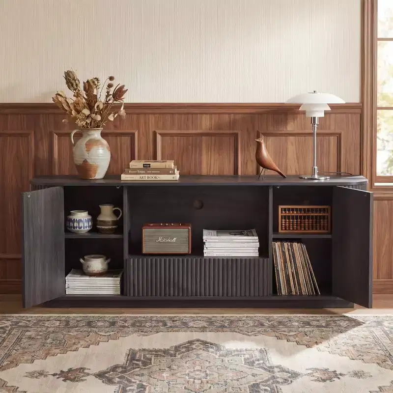 JVNOXK 64-Inch Wavy TV Stand, Rounded Sideboard, Storage Cabinet, Wooden Vertical Stripe Cabinet for Living Room/Bedroom/Entryway.