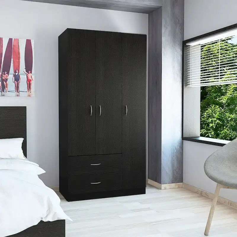 3-Door Armoire with Hanging Rod, 5 Shelves & 2 Drawers – Espresso / Pink / Grey / White, Single