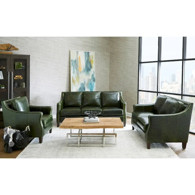 Essex Distressed Green Top Grain Leather Sofa, Loveseat and Chair Set