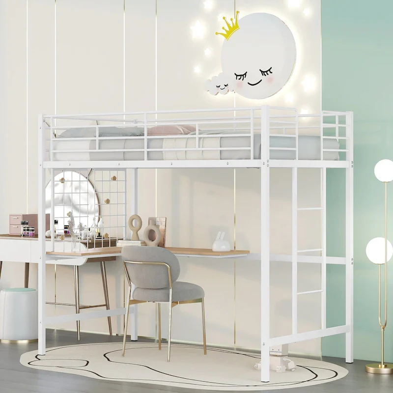 White Twin Metal Loft Bed with Desk, Ladder, Metal Grid & 20 Slats | Kids & Teens