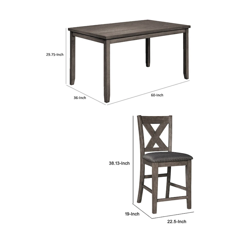 7 Piece Dining Table Set, Lattice Back Chairs, Dark Gray Wood, Polyester